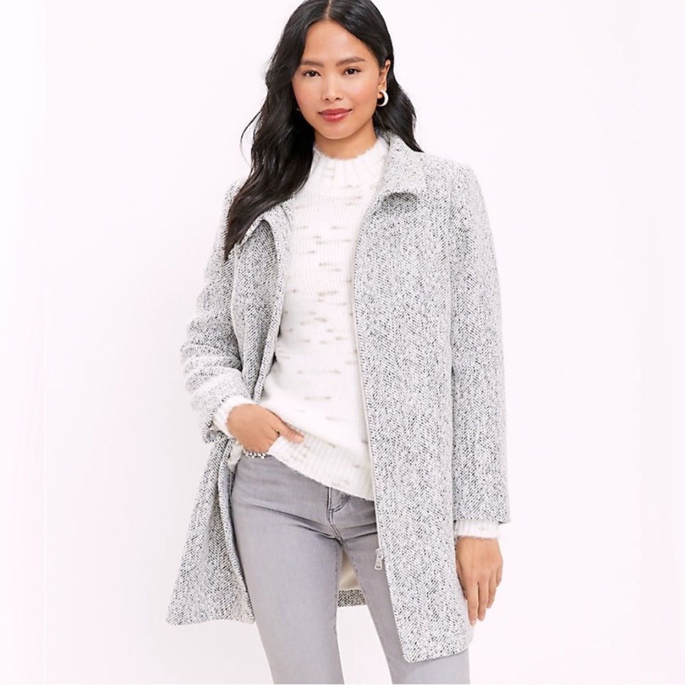 Loft Gray Herringbone Pattern Zip Up Coat With Po… - image 4